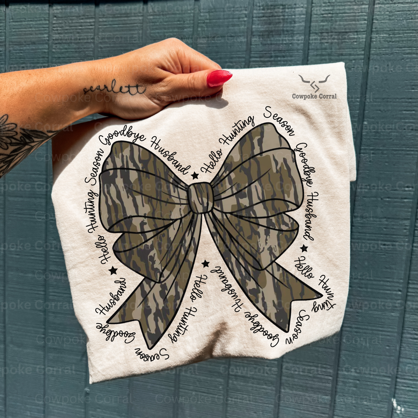 GOODBYE HUSBAND CAMO BOW TEE