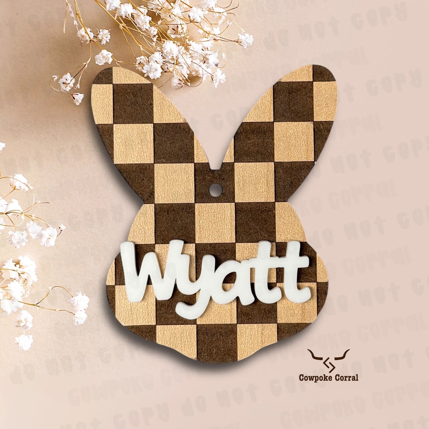 CHECKERED BUNNY CUSTOM NAME EASTER BASKET TAG