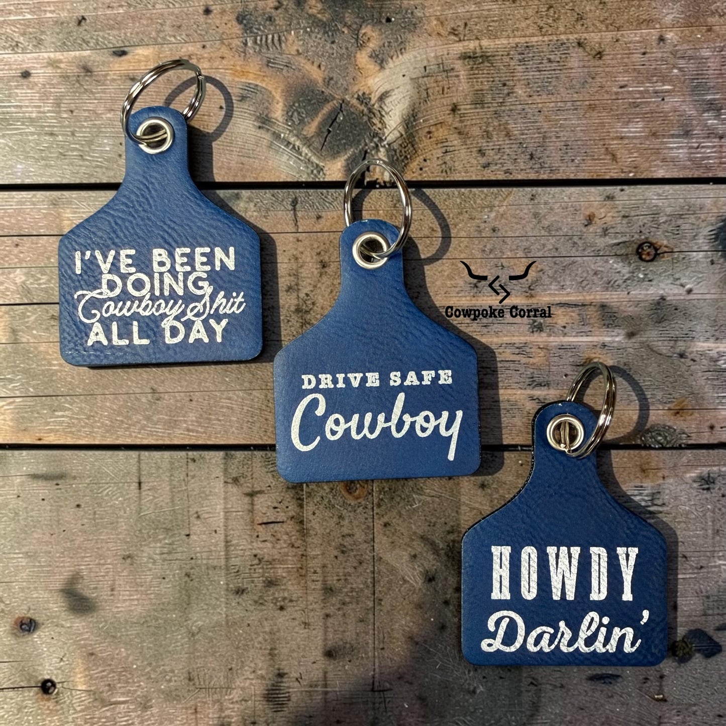 DRIVE SAFE COWBOY CATTLE TAG KEYCHAIN