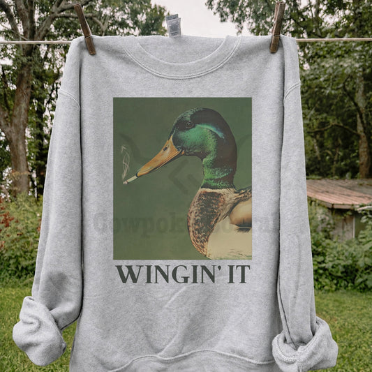 Wingin' It Mallard Duck Graphic Sweatshirt | Retro Duck Hunting Crewneck | Cozy Farmhouse Pullover