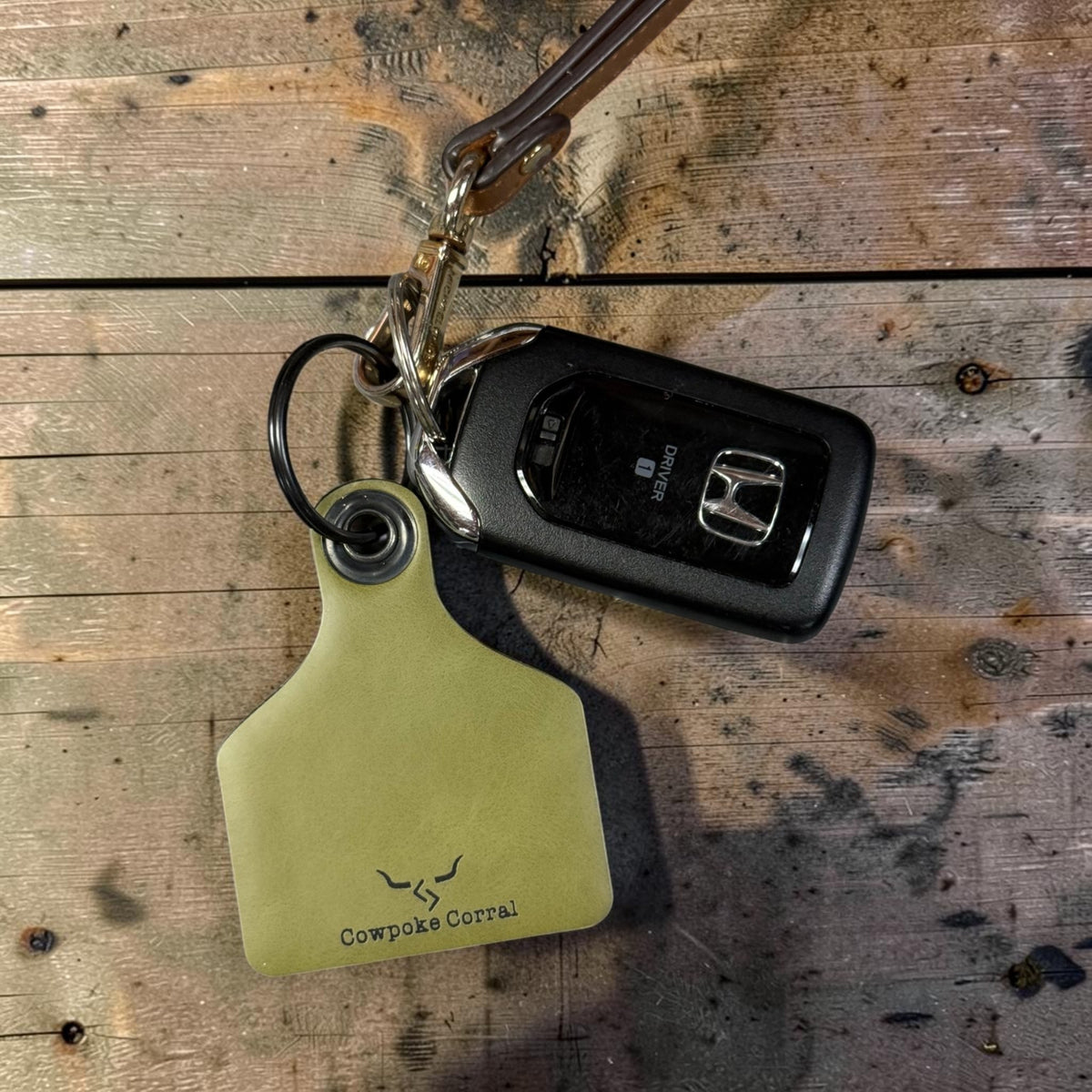 DRIVE SAFE COWBOY CATTLE TAG KEYCHAIN