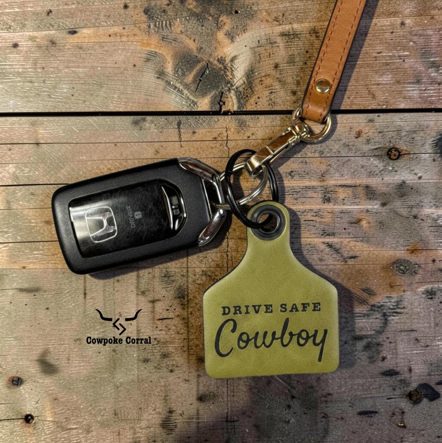 DRIVE SAFE COWBOY CATTLE TAG KEYCHAIN