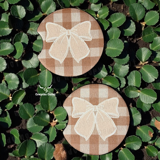 BROWN PLAID COQUETTE BOW CAR COASTERS