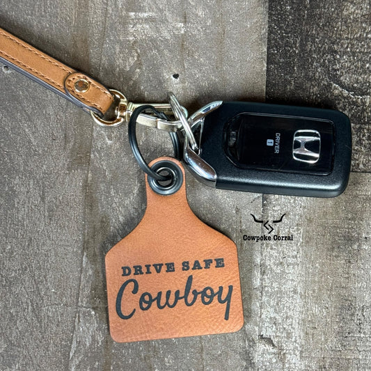 DRIVE SAFE COWBOY CATTLE TAG KEYCHAIN