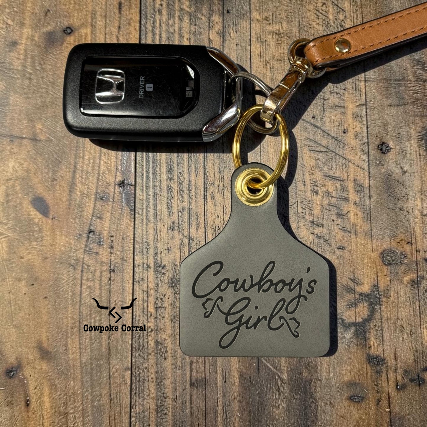 COWBOY'S GIRL CATTLE TAG KEYCHAIN