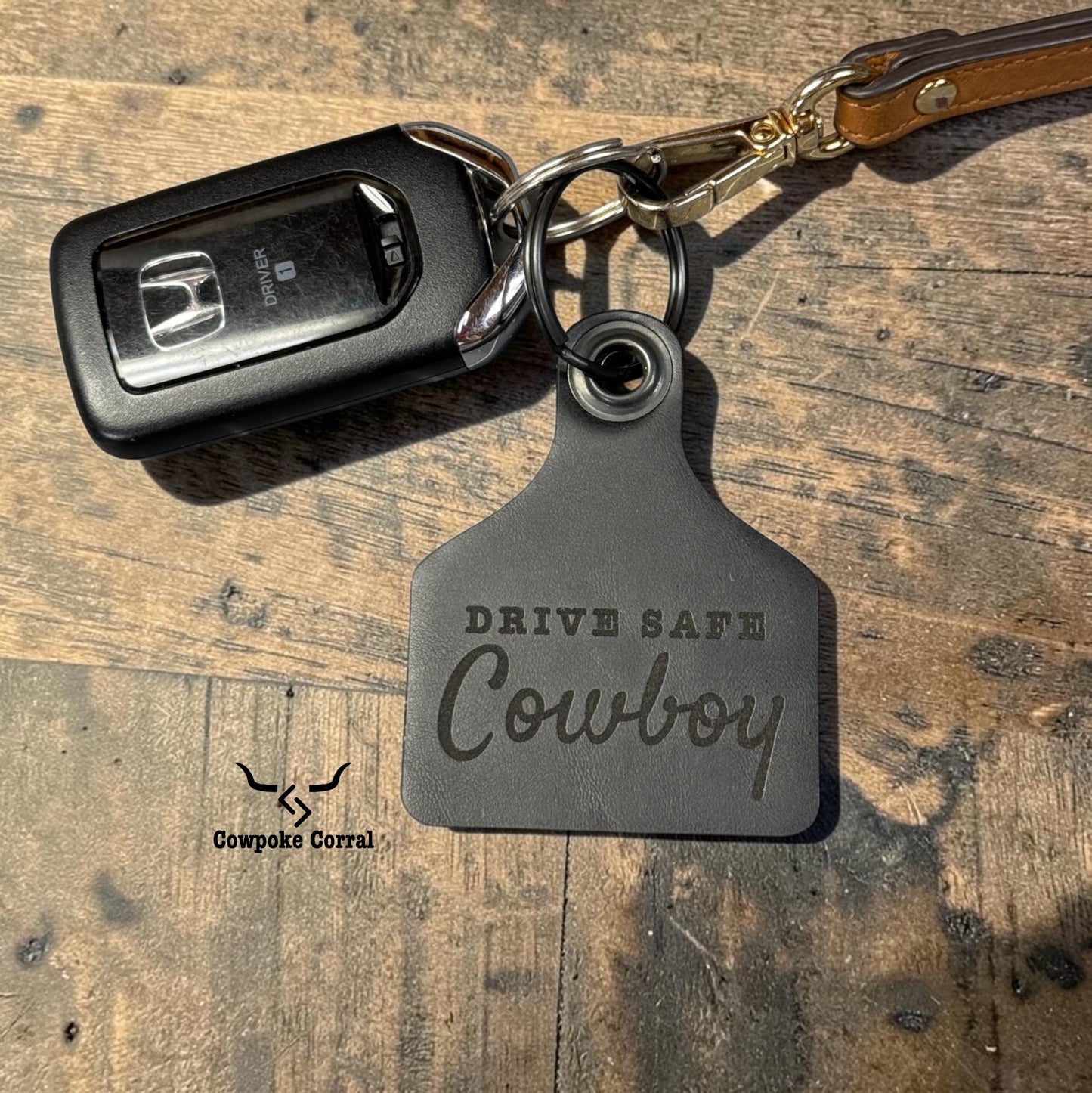 DRIVE SAFE COWBOY CATTLE TAG KEYCHAIN