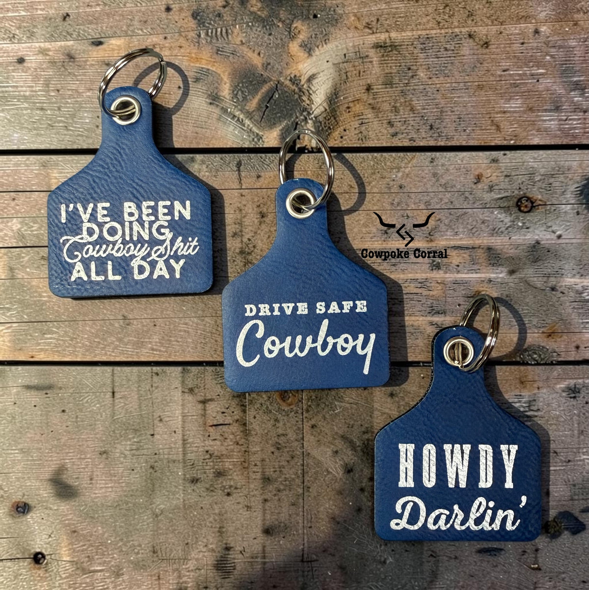 DRIVE SAFE COWBOY CATTLE TAG KEYCHAIN
