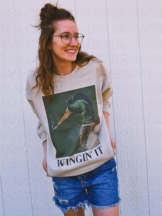 Wingin' It Mallard Duck Graphic Sweatshirt | Retro Duck Hunting Crewneck | Cozy Farmhouse Pullover